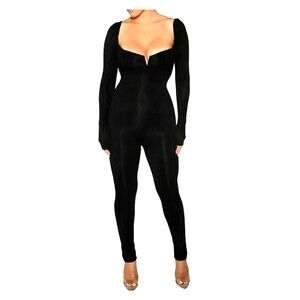 Naked Wardrobe XS Black Bodycon Jumpsuit Plunging V Neck Long Sleeve Catsuit Wms
